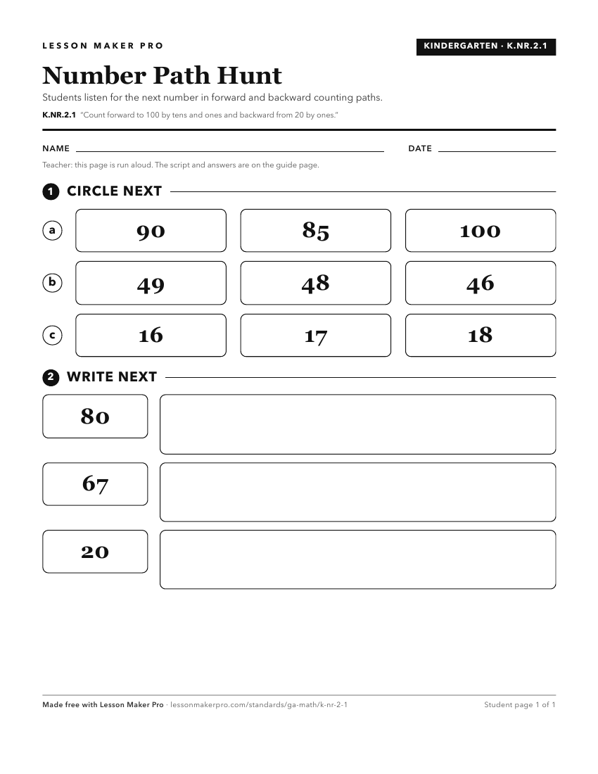 Preview of the K.NR.2.1 printable worksheet