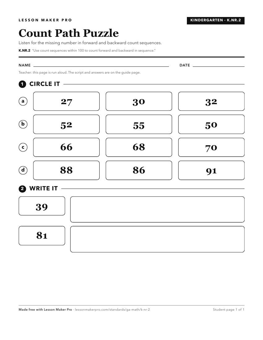 Preview of the K.NR.2 printable worksheet