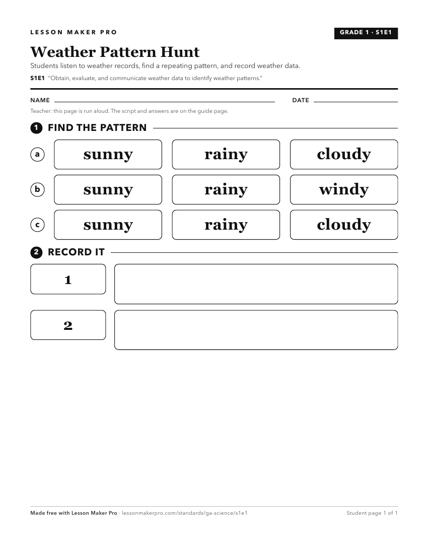 Preview of the S1E1 printable worksheet