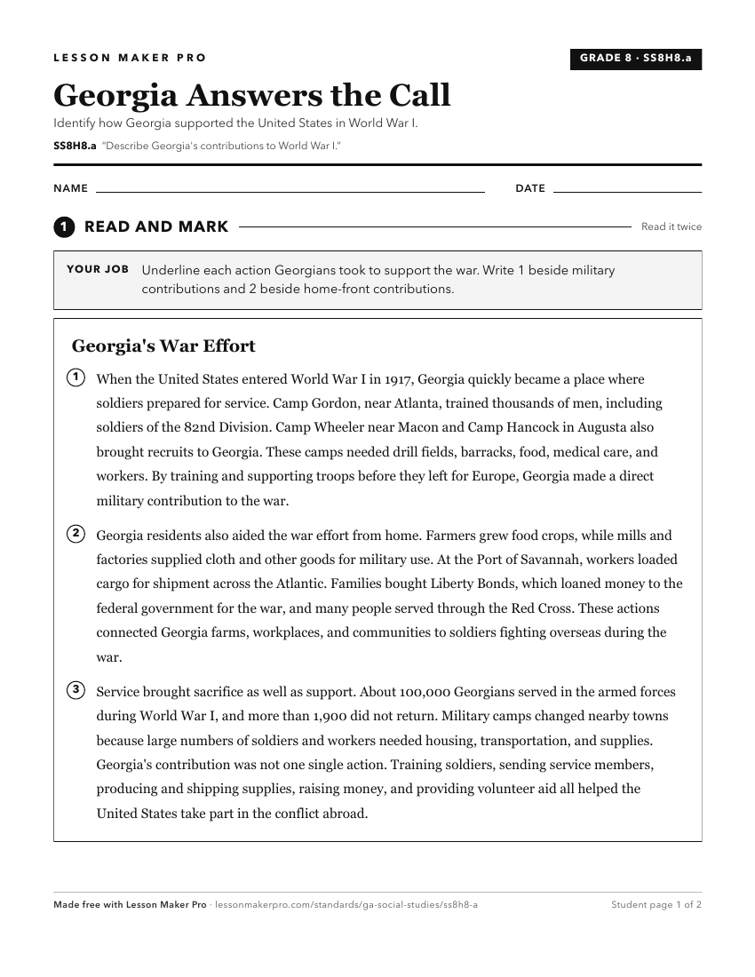 Preview of the SS8H8.a printable worksheet