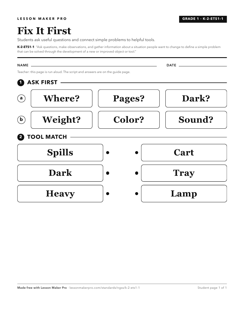Preview of the K-2-ETS1-1 printable worksheet
