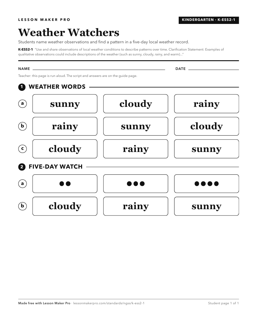 Preview of the K-ESS2-1 printable worksheet