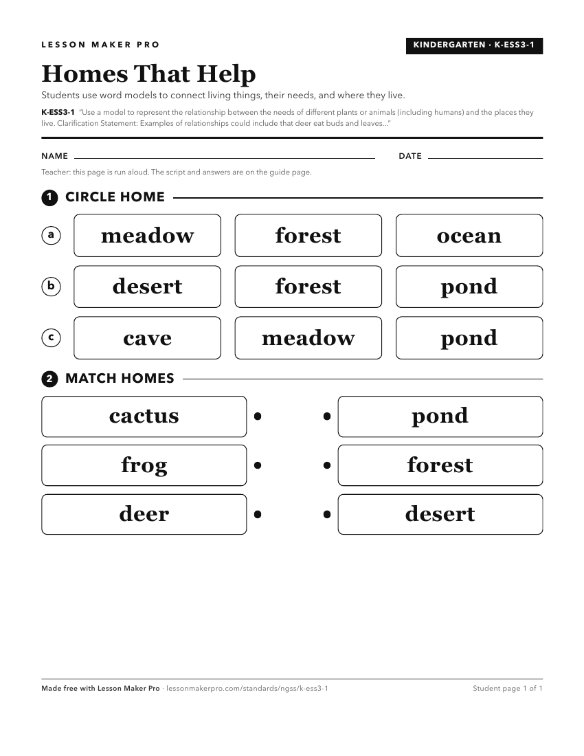 Preview of the K-ESS3-1 printable worksheet