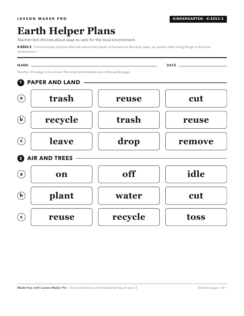 Preview of the K-ESS3-3 printable worksheet
