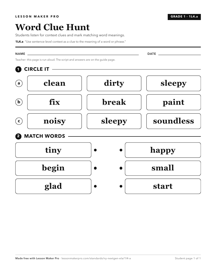 Preview of the 1L4.a printable worksheet