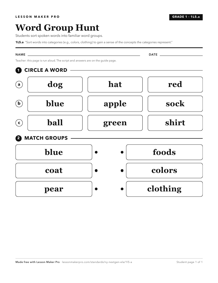 Preview of the 1L5.a printable worksheet