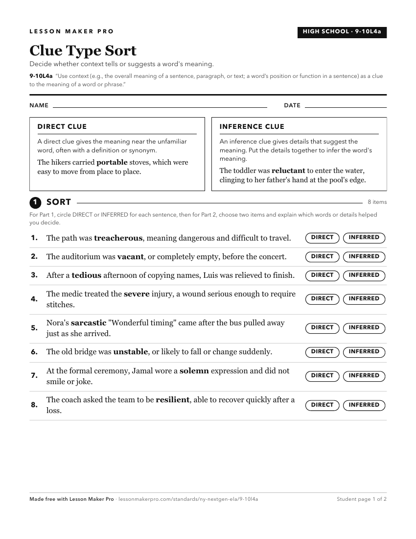 Preview of the 9-10L4a printable worksheet