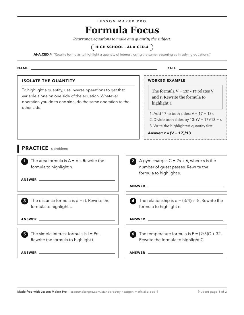 Preview of the AI-A.CED.4 printable worksheet