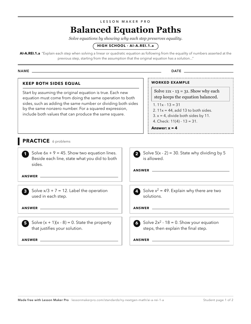 Preview of the AI-A.REI.1.a printable worksheet