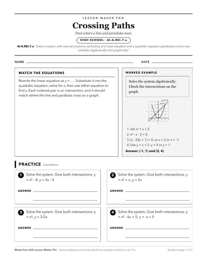 Preview of the AI-A.REI.7.a printable worksheet