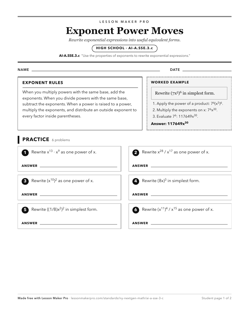 Preview of the AI-A.SSE.3.c printable worksheet