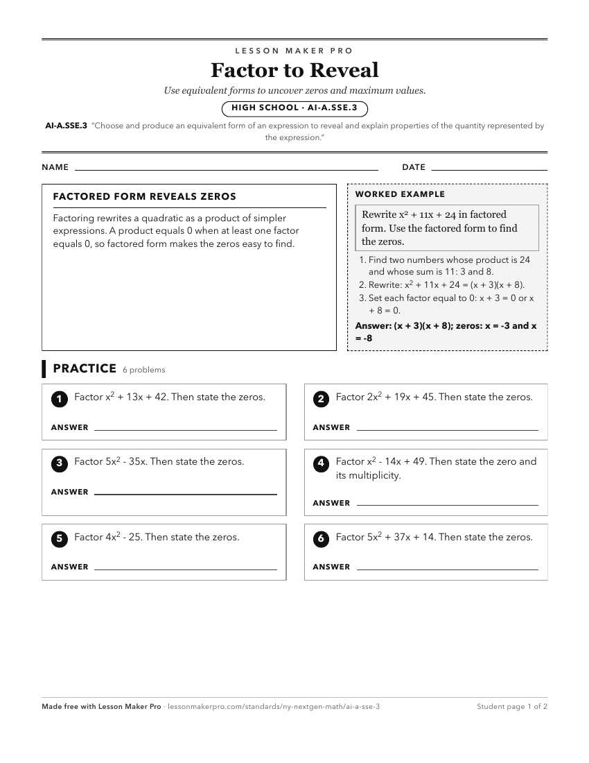 Preview of the AI-A.SSE.3 printable worksheet