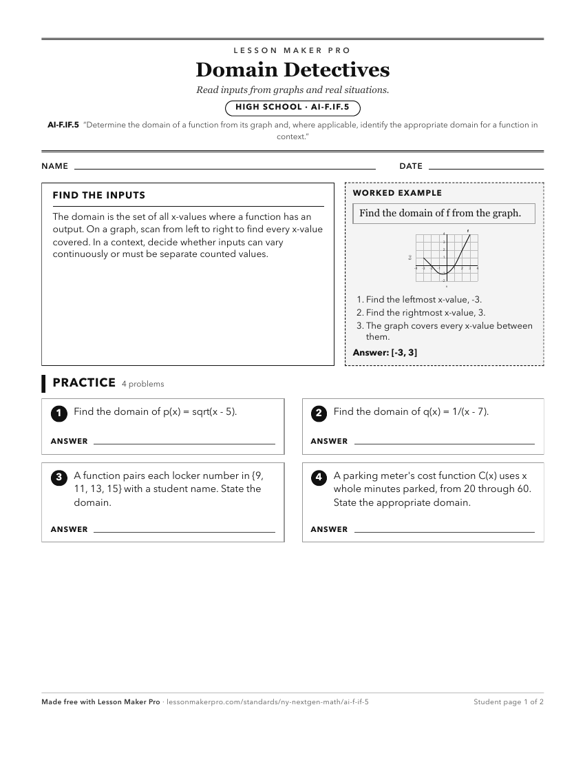 Preview of the AI-F.IF.5 printable worksheet