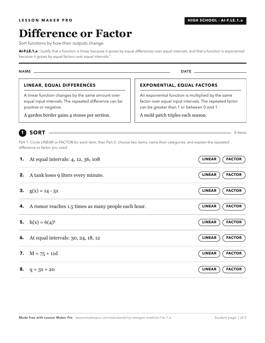 Preview of the AI-F.LE.1.a printable worksheet