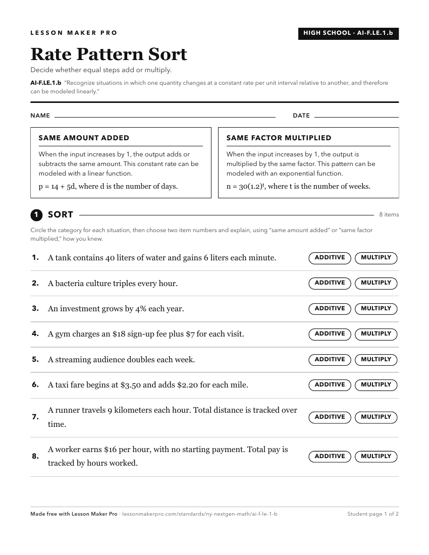 Preview of the AI-F.LE.1.b printable worksheet