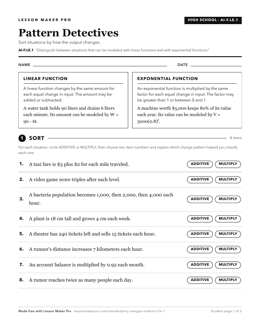 Preview of the AI-F.LE.1 printable worksheet