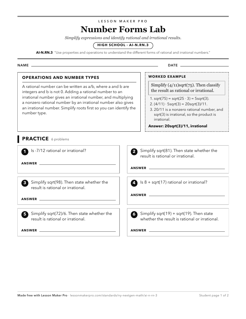 Preview of the AI-N.RN.3 printable worksheet
