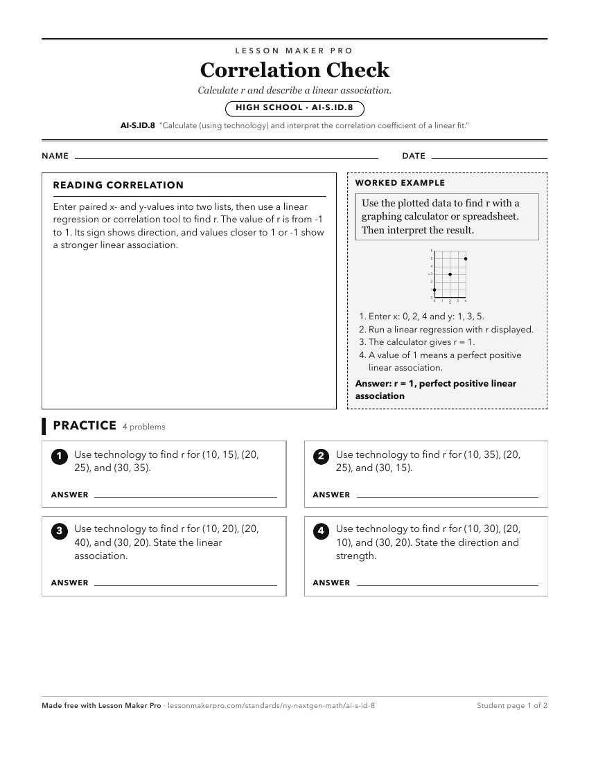 Preview of the AI-S.ID.8 printable worksheet
