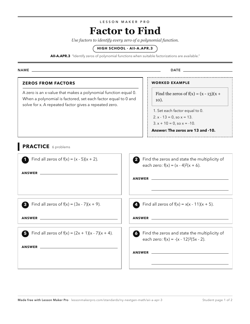 Preview of the AII-A.APR.3 printable worksheet