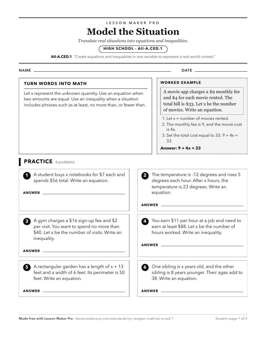 Preview of the AII-A.CED.1 printable worksheet