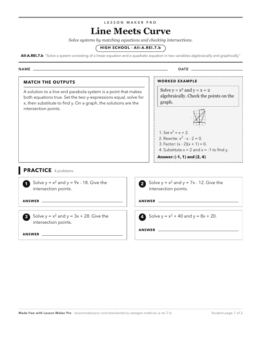 Preview of the AII-A.REI.7.b printable worksheet