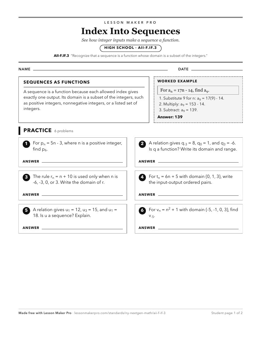 Preview of the AII-F.IF.3 printable worksheet