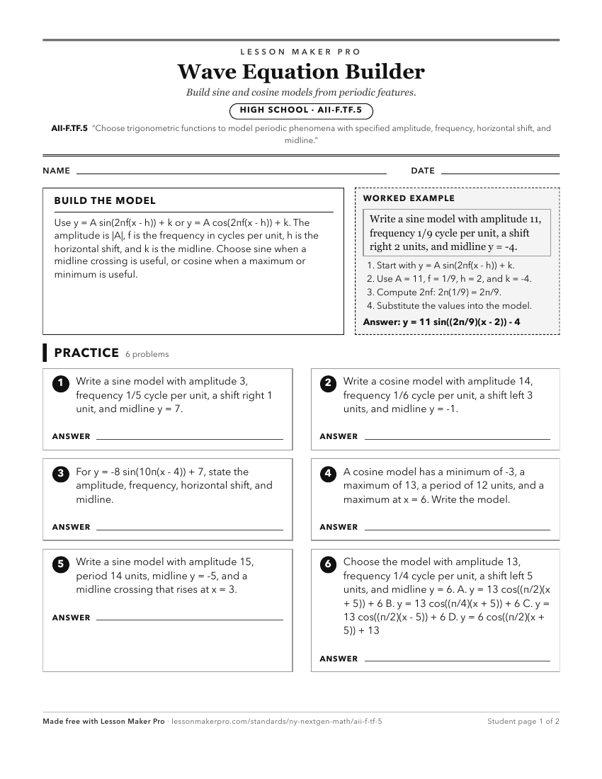 Preview of the AII-F.TF.5 printable worksheet