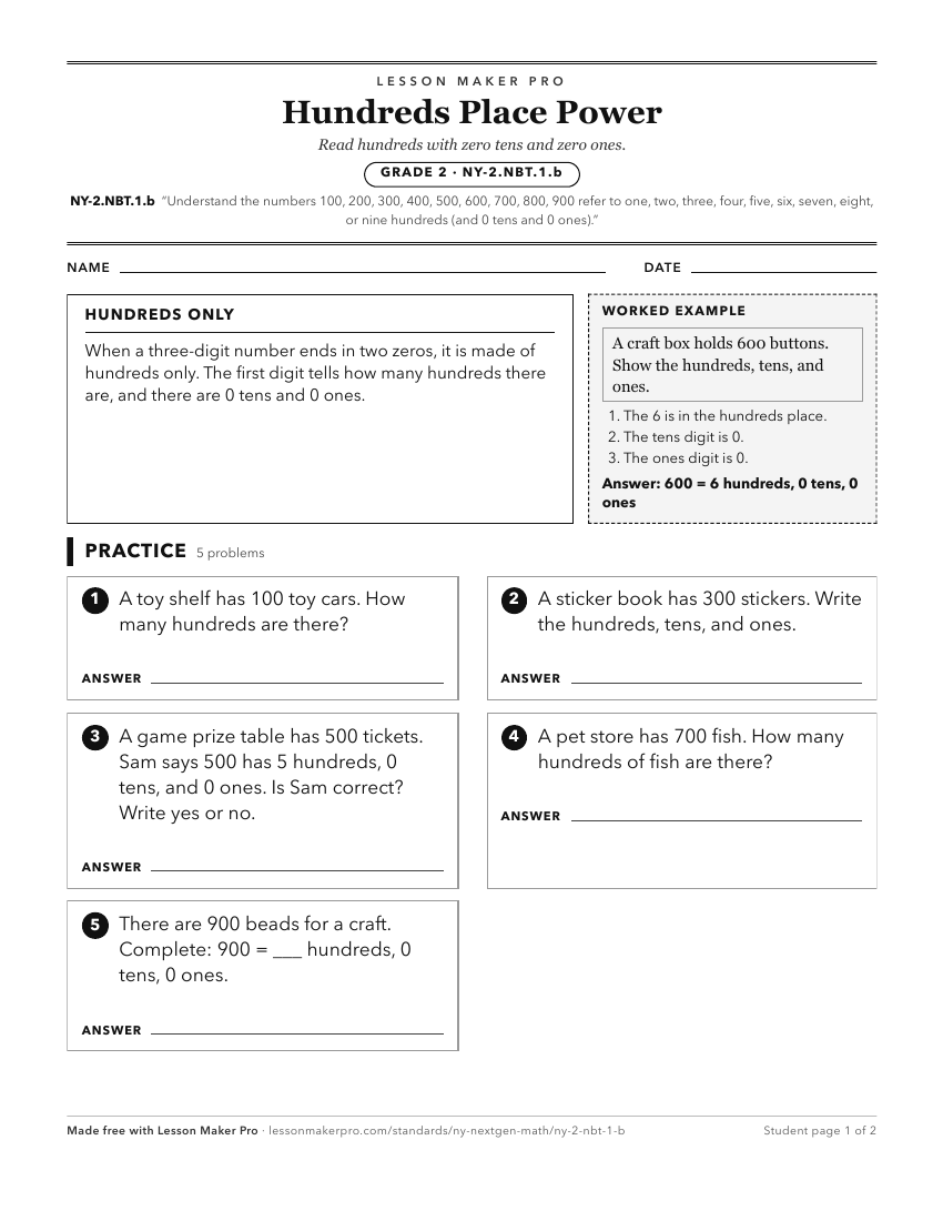 Preview of the NY-2.NBT.1.b printable worksheet