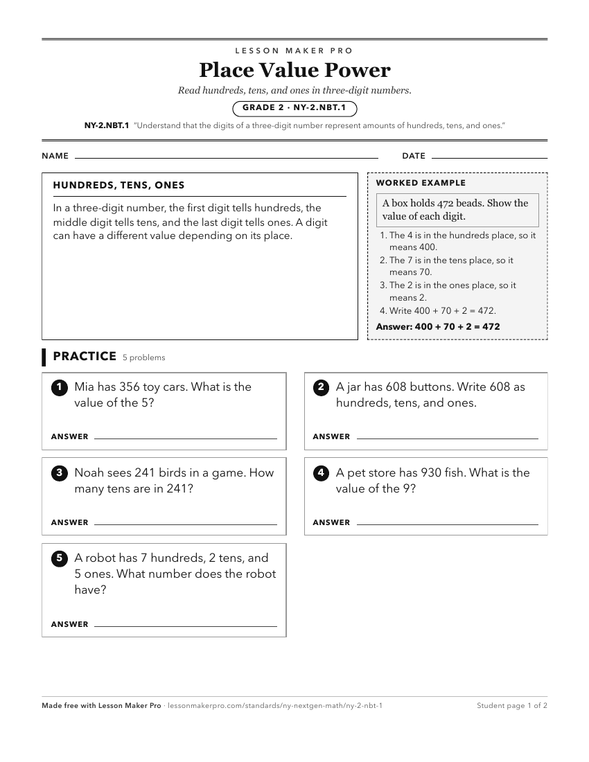 Preview of the NY-2.NBT.1 printable worksheet