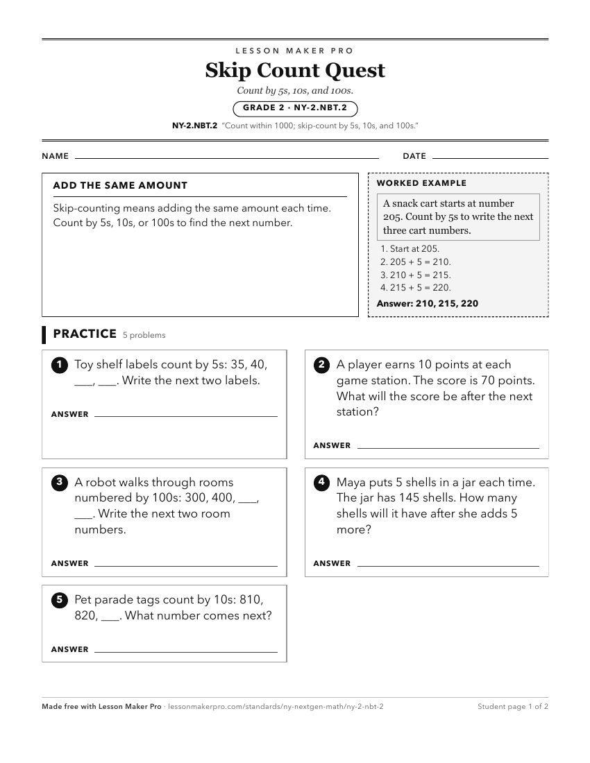 Preview of the NY-2.NBT.2 printable worksheet