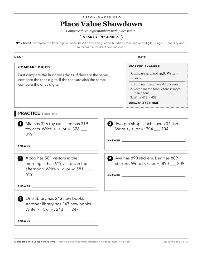Preview of the NY-2.NBT.4 printable worksheet