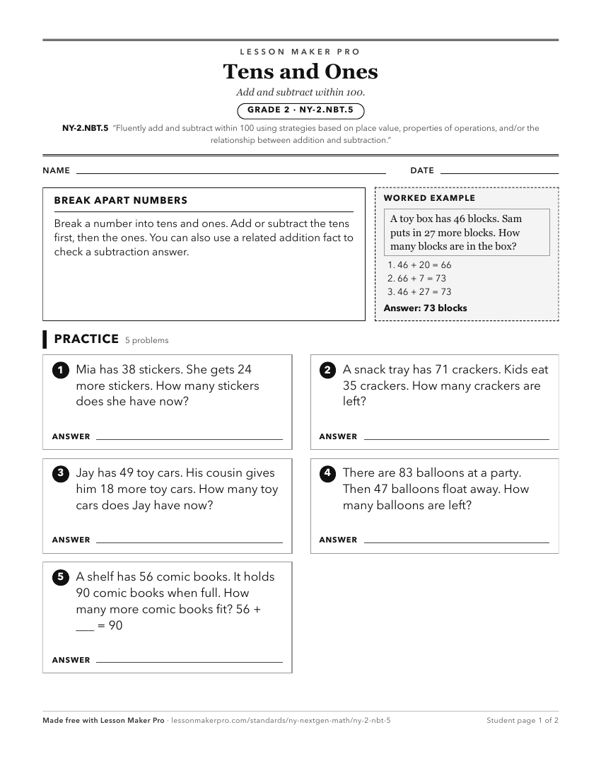 Preview of the NY-2.NBT.5 printable worksheet
