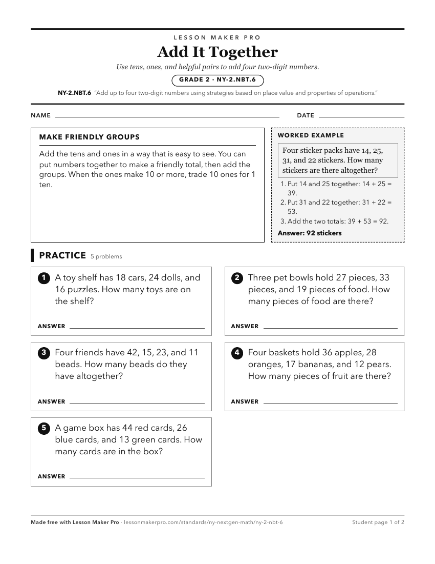 Preview of the NY-2.NBT.6 printable worksheet