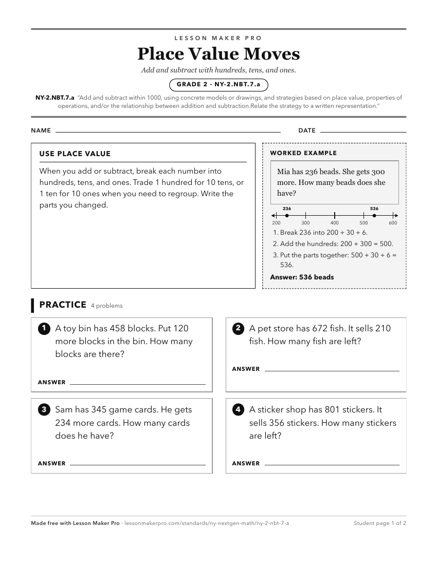 Preview of the NY-2.NBT.7.a printable worksheet
