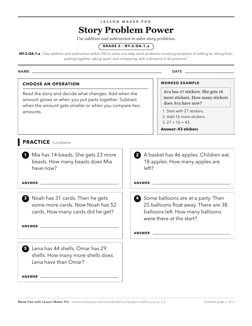Preview of the NY-2.OA.1.a printable worksheet