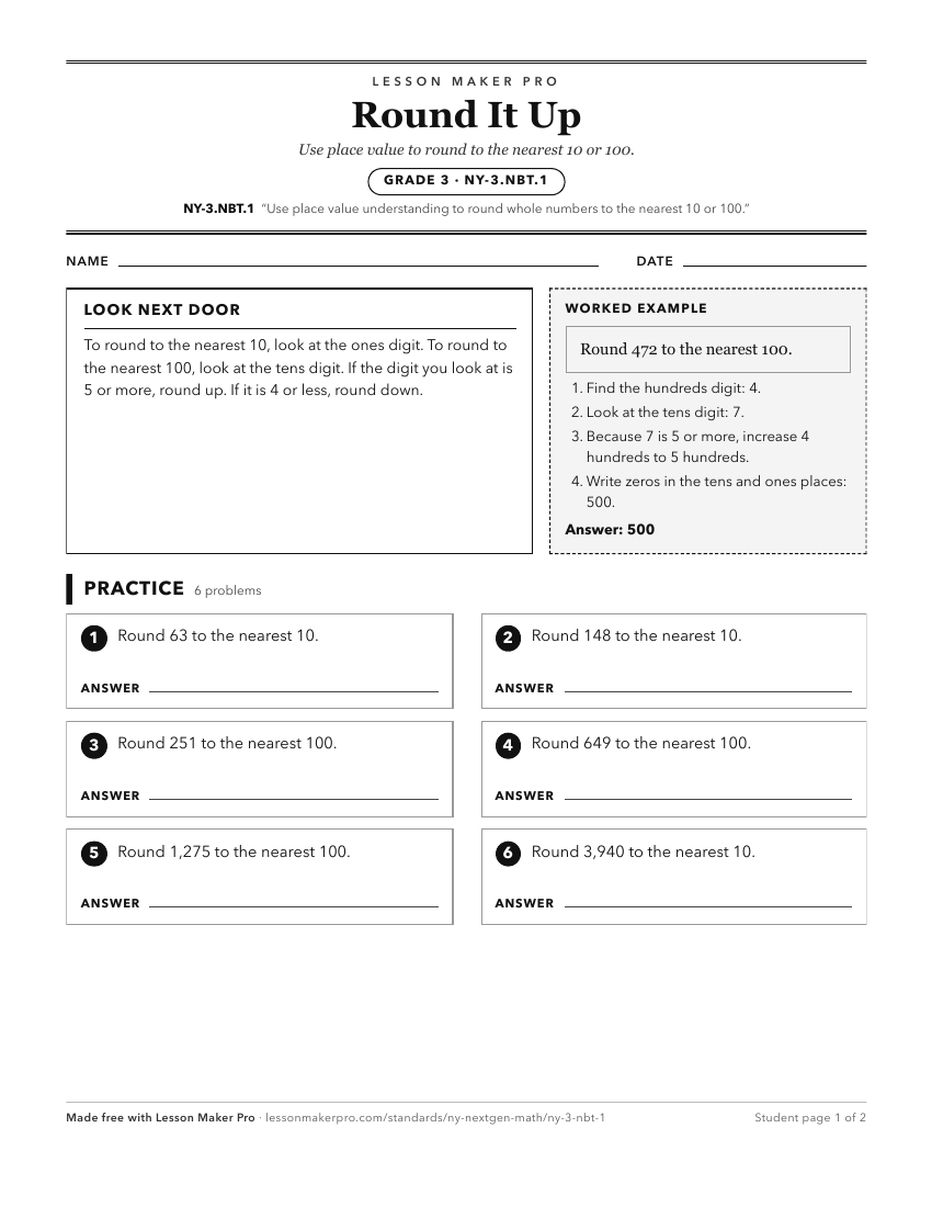Preview of the NY-3.NBT.1 printable worksheet