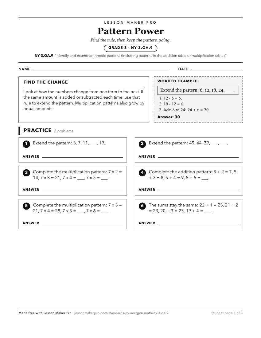 Preview of the NY-3.OA.9 printable worksheet