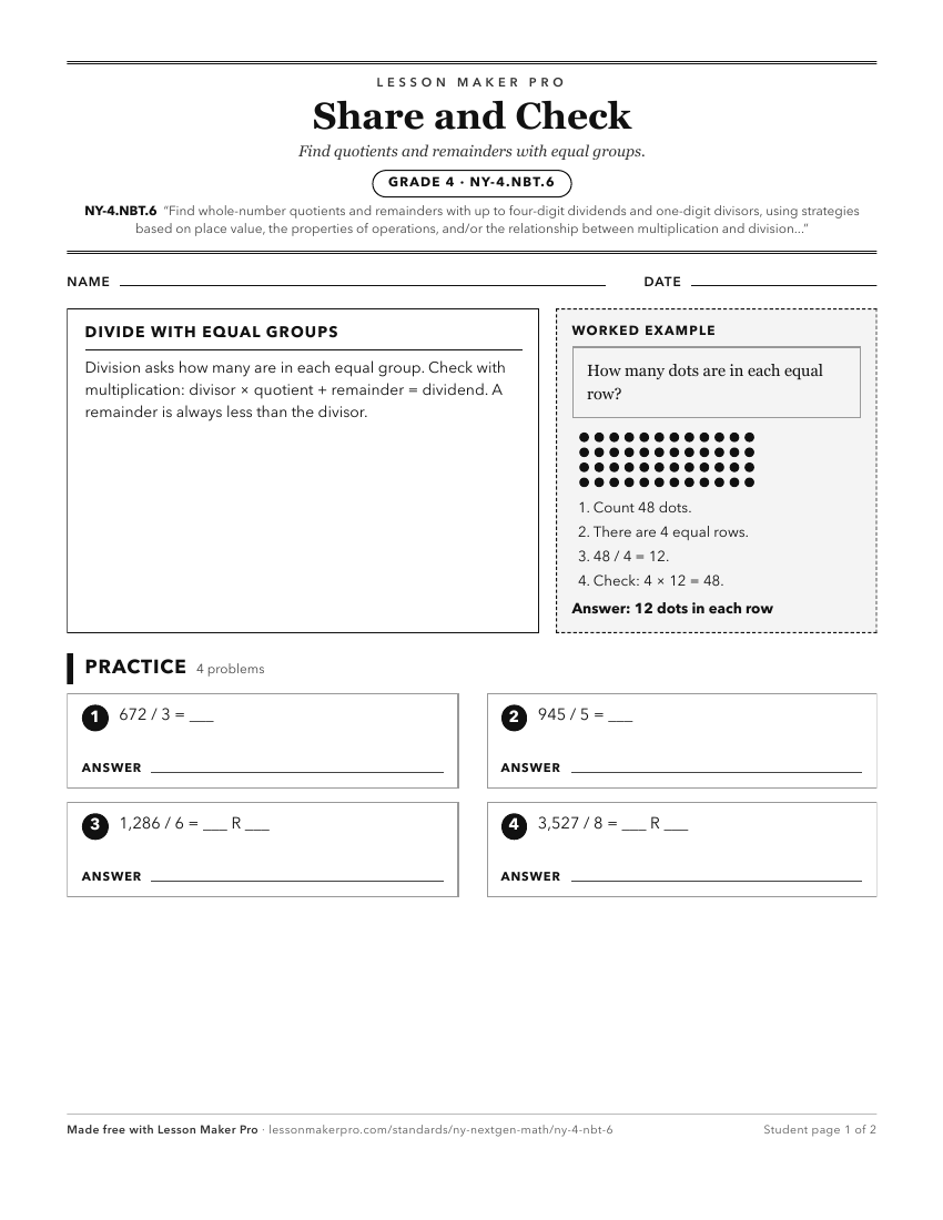 Preview of the NY-4.NBT.6 printable worksheet