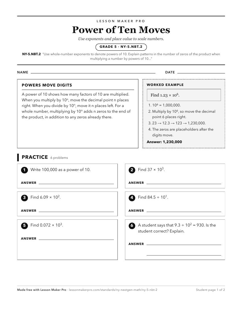 Preview of the NY-5.NBT.2 printable worksheet
