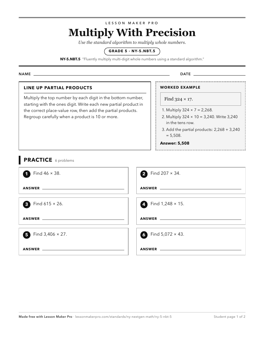 Preview of the NY-5.NBT.5 printable worksheet