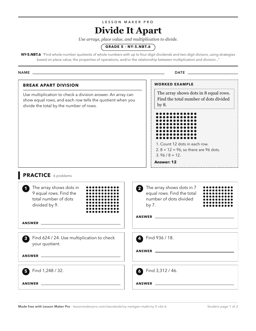 Preview of the NY-5.NBT.6 printable worksheet