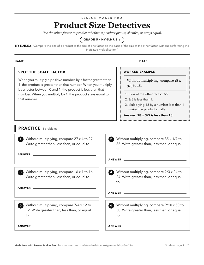 Preview of the NY-5.NF.5.a printable worksheet