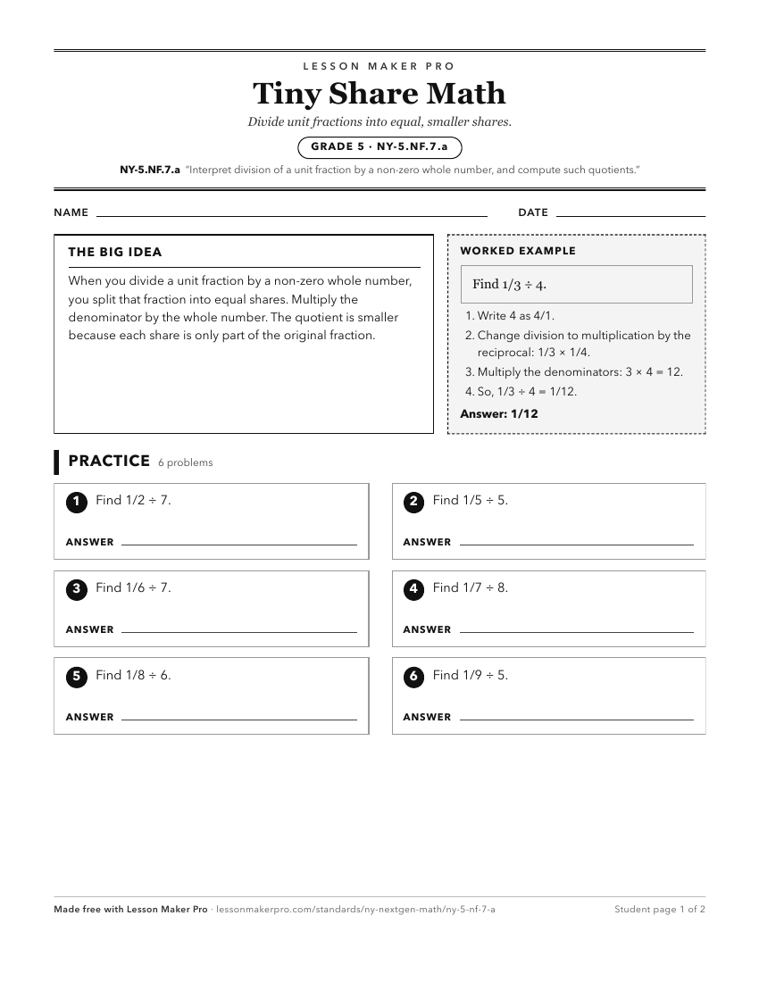Preview of the NY-5.NF.7.a printable worksheet