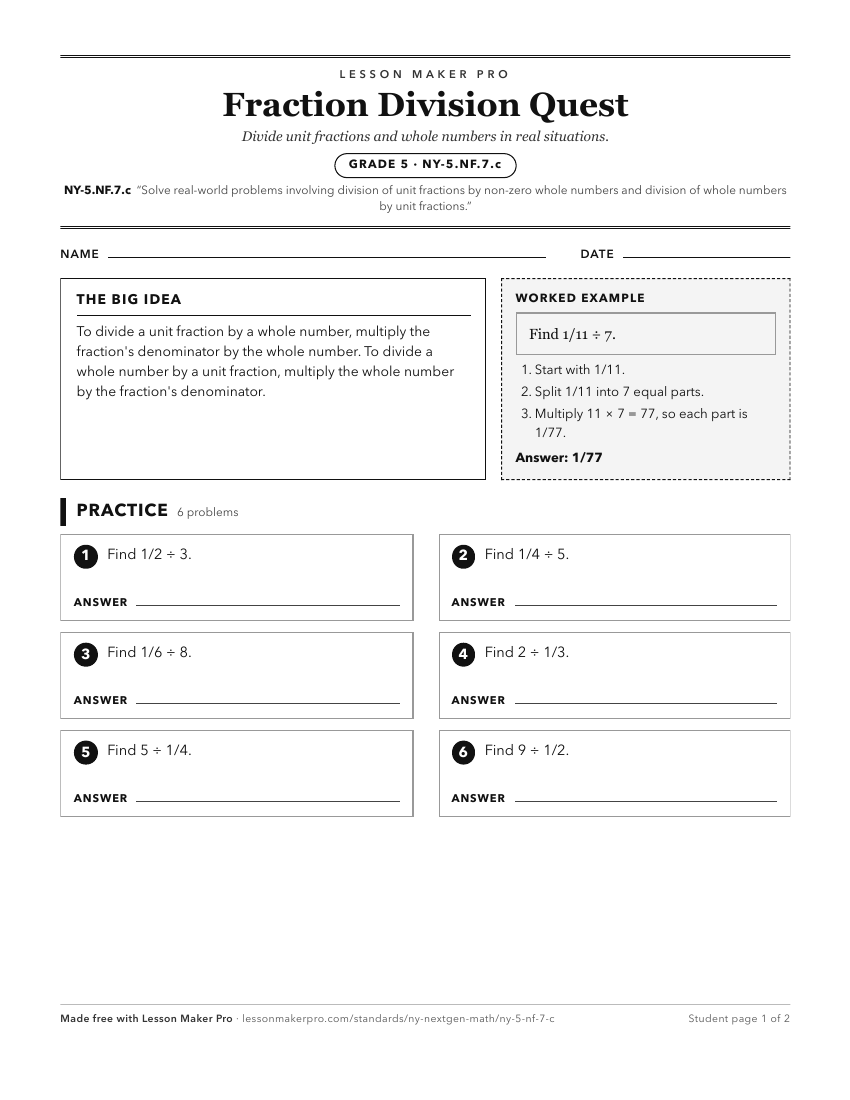 Preview of the NY-5.NF.7.c printable worksheet