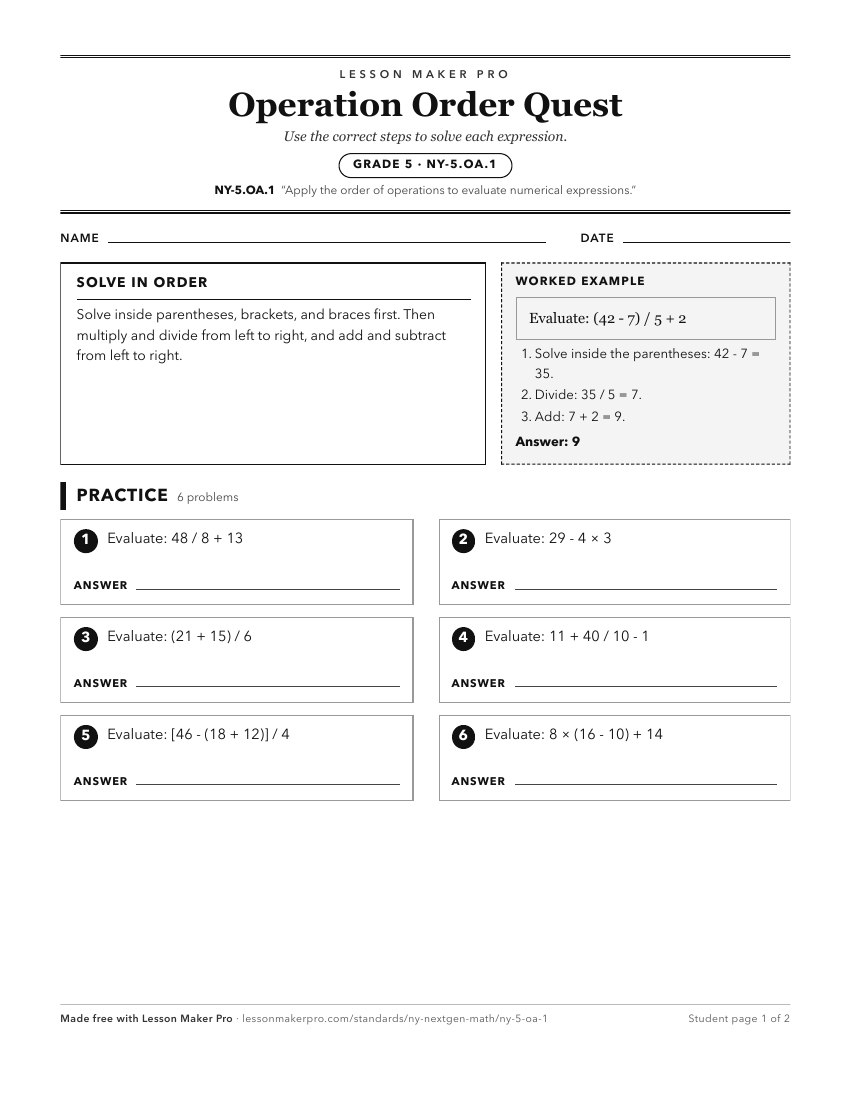 Preview of the NY-5.OA.1 printable worksheet
