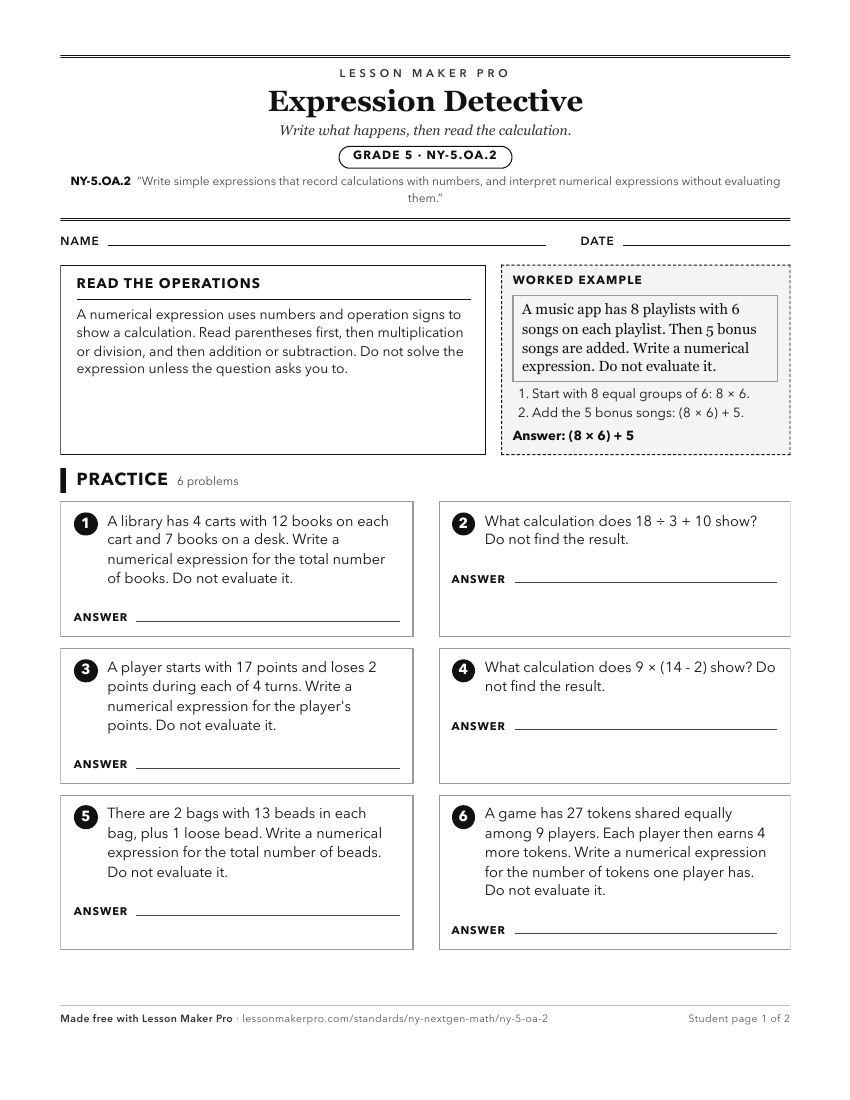 Preview of the NY-5.OA.2 printable worksheet