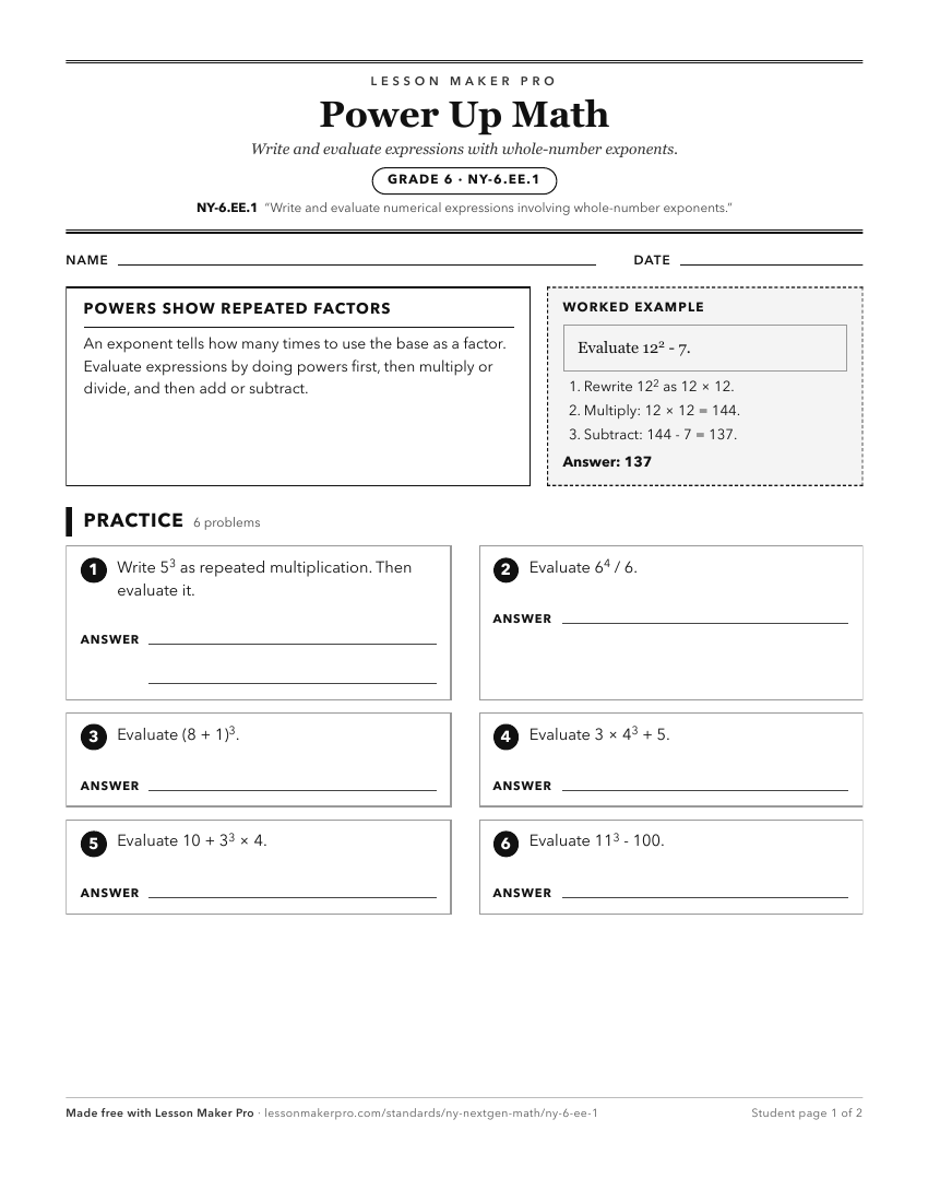 Preview of the NY-6.EE.1 printable worksheet