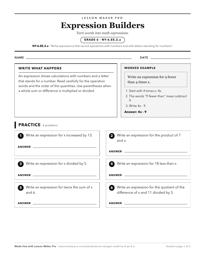 Preview of the NY-6.EE.2.a printable worksheet