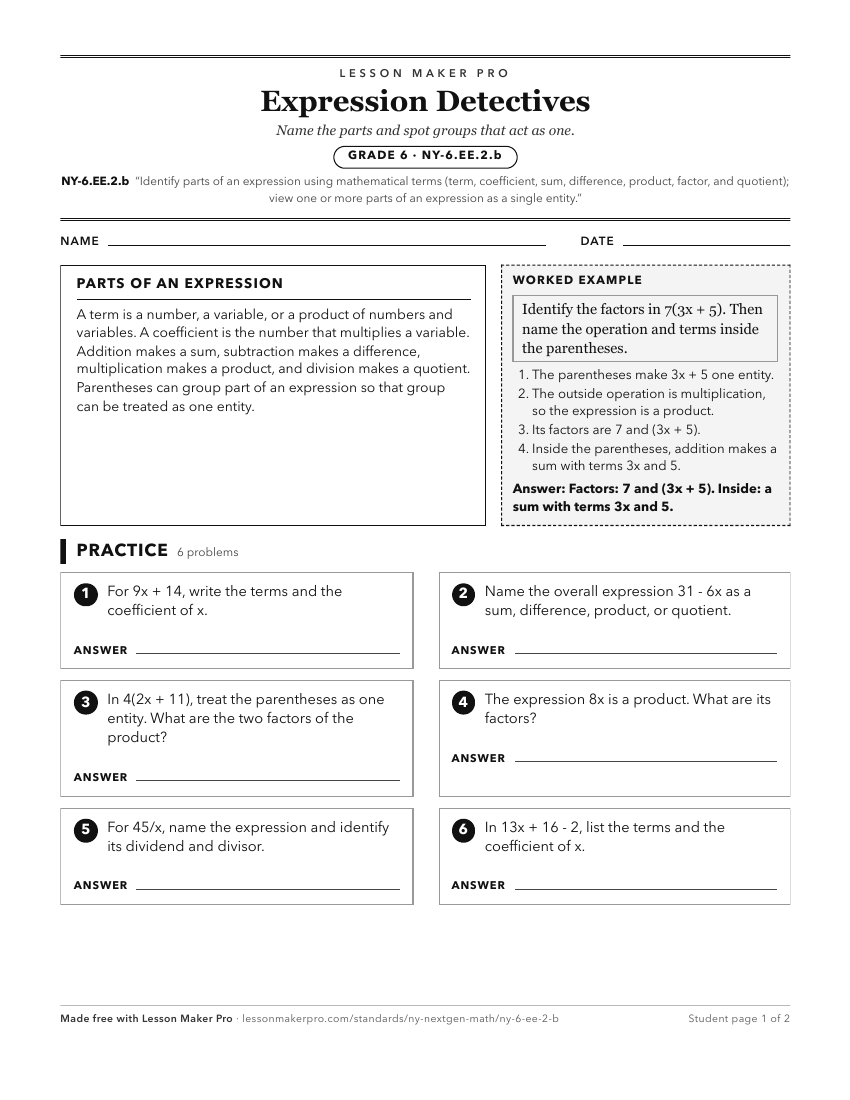 Preview of the NY-6.EE.2.b printable worksheet
