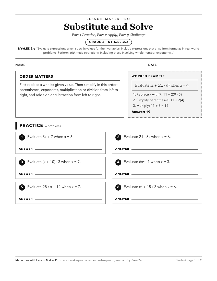 Preview of the NY-6.EE.2.c printable worksheet
